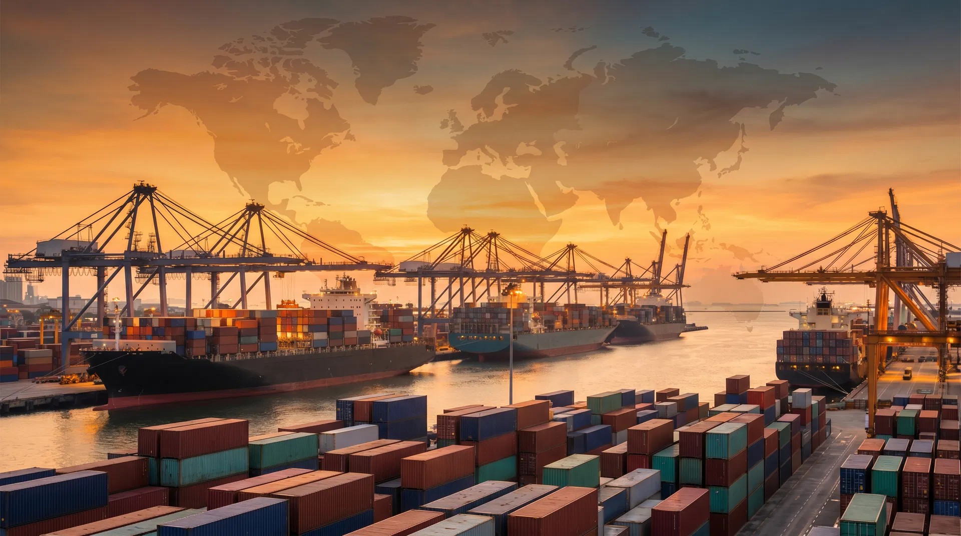 Global cargo port at sunset